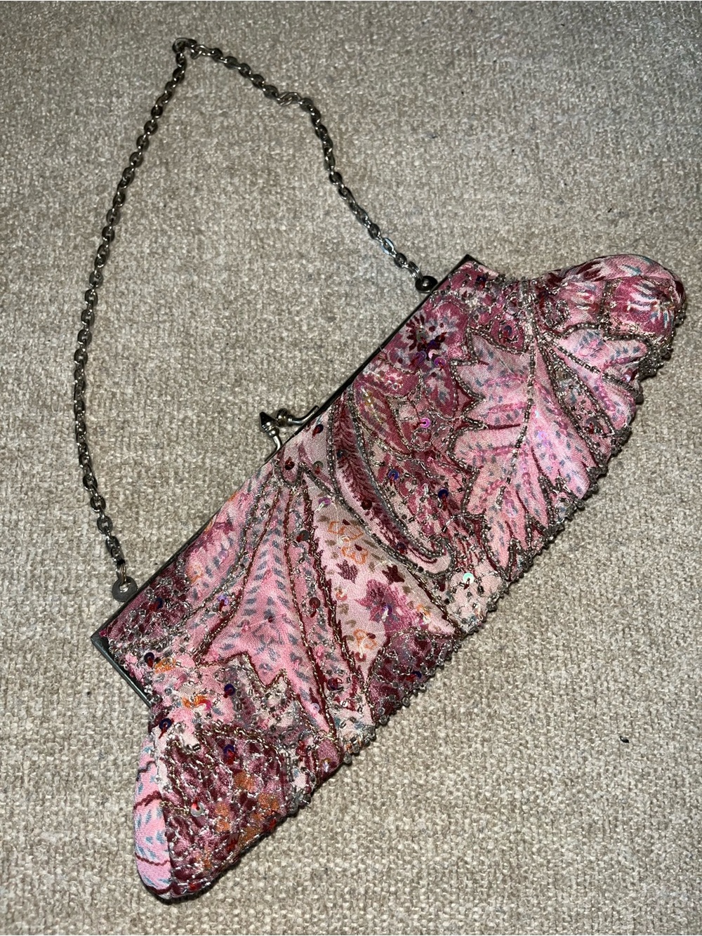 Express Pink Beaded Floral Evening Clutch with Chain